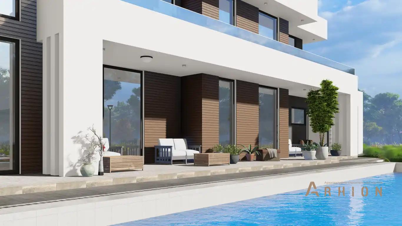 5. Проект двухэтажного дома в стиле хай-тек с плоской кровлей , h-1603, площадью - 639 кв c терассой, балконом, гаражом, вторым светом